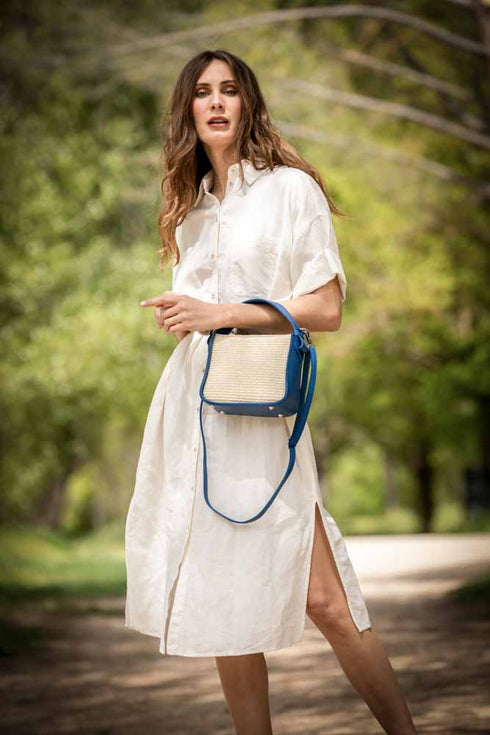 Bolso de mano de piel y rafia para mujer Pandorina Azul Klein