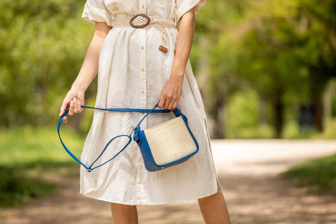 Bolso de mano de piel y rafia para mujer Pandorina Azul Klein