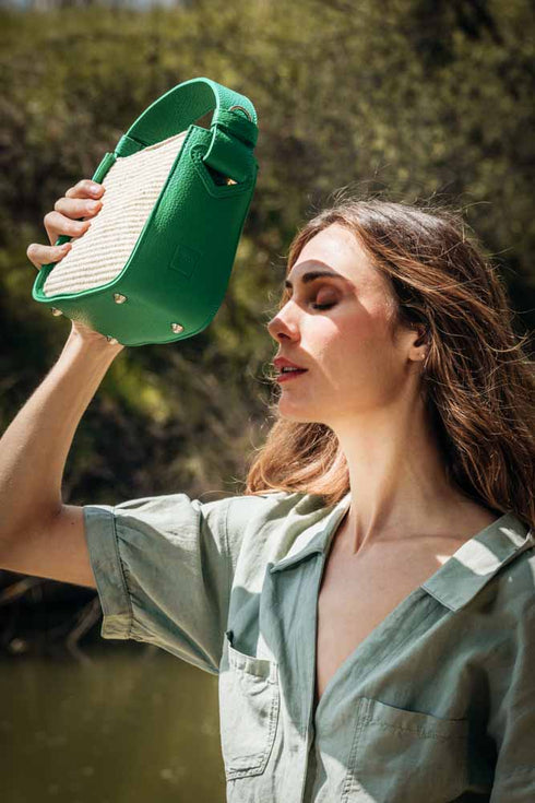 Bolso de mano de piel y rafia para mujer Pandorina Verde