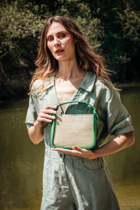 Bolso de mano de piel y rafia para mujer Pandorina Verde