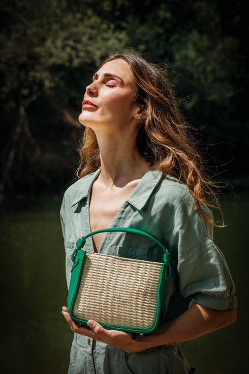 Bolso de mano de piel y rafia para mujer Pandorina Verde