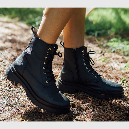 Botas con cordones de piel para mujer negro Lena