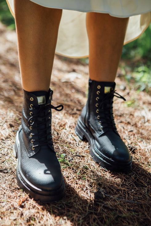 Botas con cordones de piel para mujer negro Lena