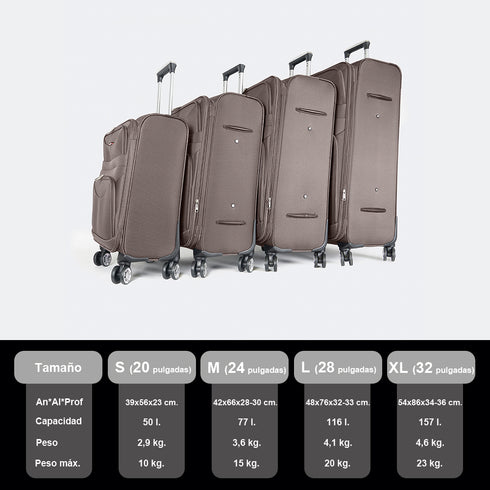 Maleta de viaje blanda extensible 56cm/66cm/76cm/86cm, 10kg/15kg/20kg/23kg, de tela poliéster Pissa Marrón