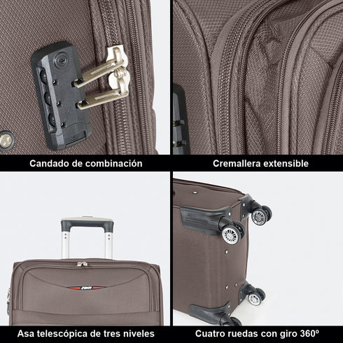 Maleta de viaje blanda extensible 56cm/66cm/76cm/86cm, 10kg/15kg/20kg/23kg, de tela poliéster Pissa Marrón