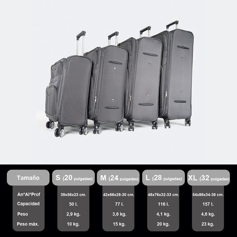 Maleta de viaje blanda extensible 56cm/66cm/76cm/86cm, 10kg/15kg/20kg/23kg, de tela poliéster Pissa Gris