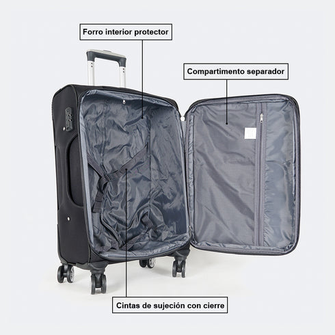 Maleta de viaje blanda extensible 56cm/66cm/76cm/86cm, 10kg/15kg/20kg/23kg, de tela poliéster Pissa Negro