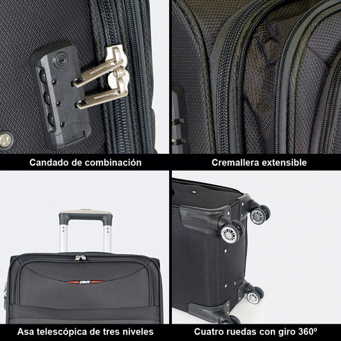 Maleta de viaje blanda extensible 56cm/66cm/76cm/86cm, 10kg/15kg/20kg/23kg, de tela poliéster Pissa Negro