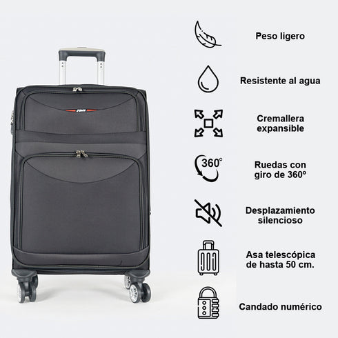 Maleta de viaje blanda extensible 56cm/66cm/76cm/86cm, 10kg/15kg/20kg/23kg, de tela poliéster Pissa Negro