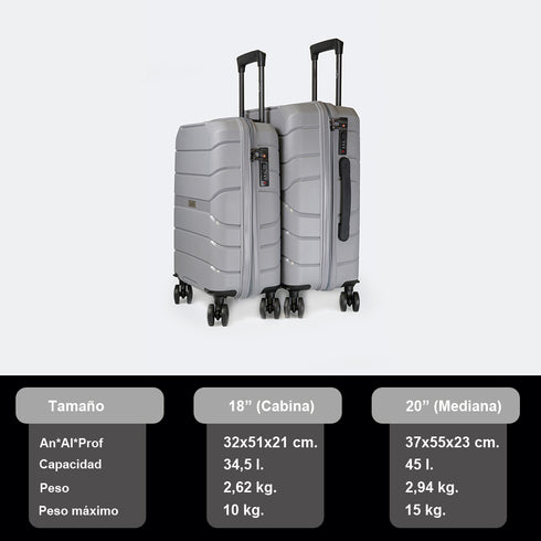 Maleta de cabina de XS/S 10kg 50cm/55cm de Polipropileno Steven Gris